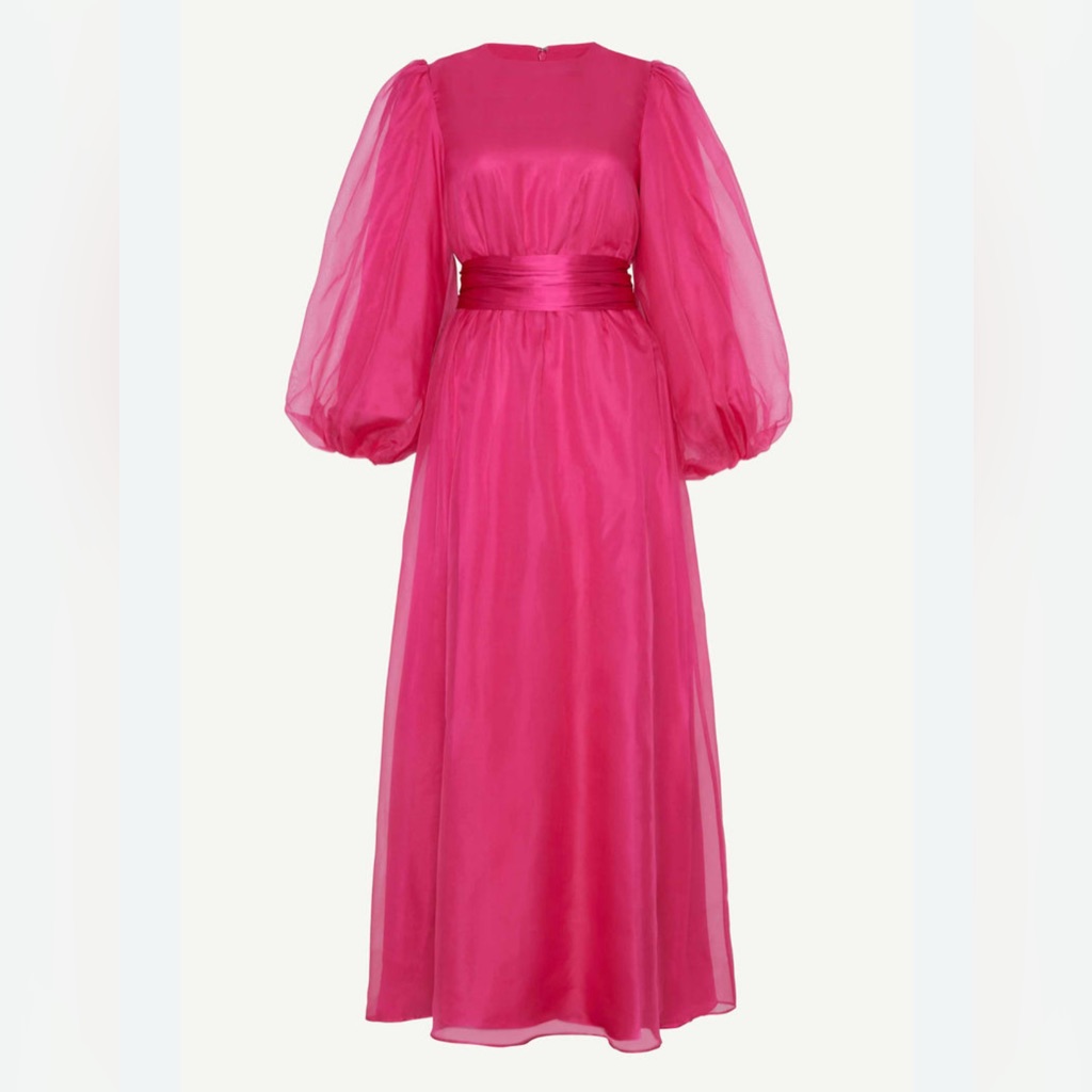 Veiled Nwt Silk Organza Balloon Sleeve A-Line Maxi Dress Sz Small Short Hot Pink